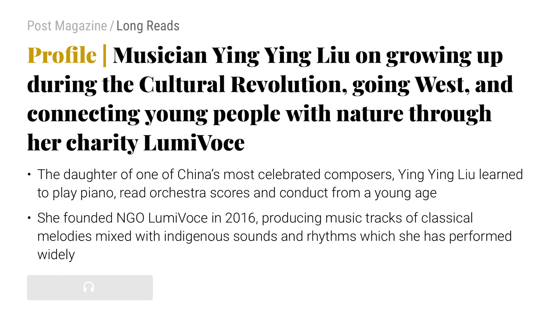 南華早報音樂家劉瑩瑩講述文革期間的成長、去西方以及透過她的慈善機構 LumiVoce 將年輕人與自然聯繫起來